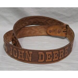 John Deere Logo Belt Mens MED 32"-36" Brown Tooled Leather Vintage Snap On